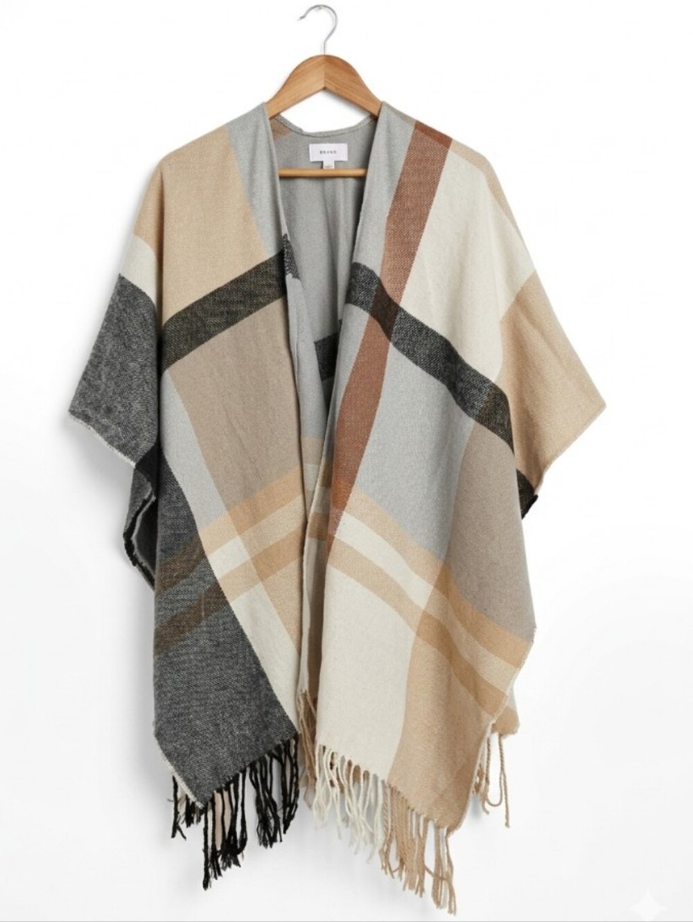 Cozy Plaid Fringe Wrap in Cream, Gray, Black & Tan